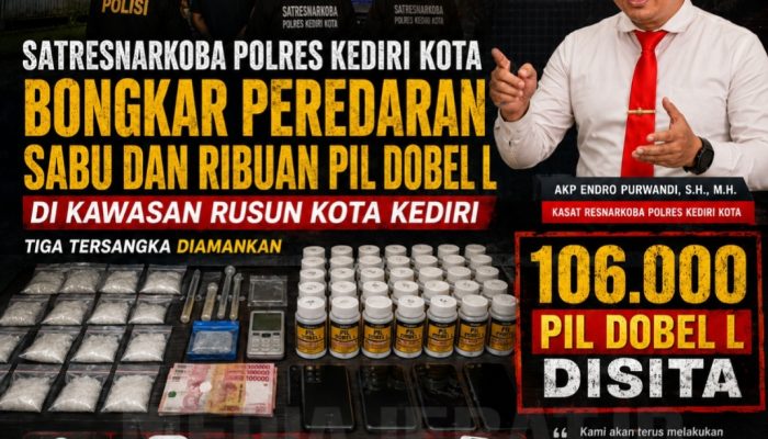 Satresnarkoba Polres Kediri Kota Bongkar Peredaran Sabu dan 107 Ribu Pil Dobel L, Tiga Tersangka Diamankan.