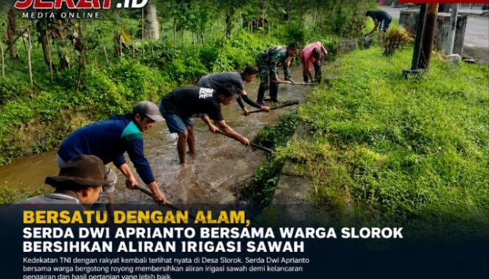Bersatu dengan Alam, Serda Dwi Aprianto Bersama Warga Slorok Bersihkan Aliran Irigasi Sawah