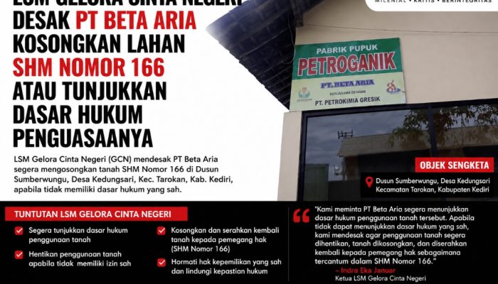 LSM Gelora Cinta Negeri Desak PT Beta Aria Kosongkan Lahan SHM Nomor 166 atau Tunjukkan Dasar Hukum Penguasaannya